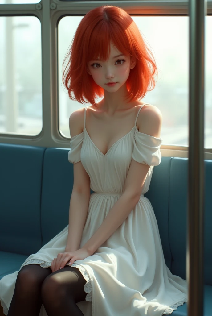 red hair, white dress,black stocking,site in the bus