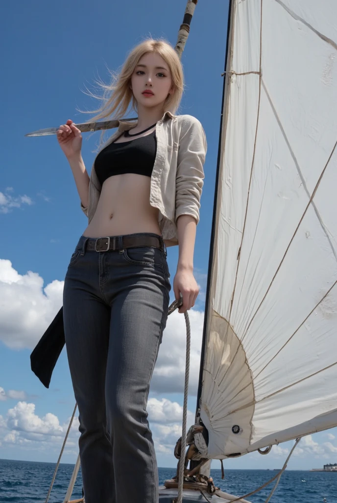 girl,Standing on the sails,The background is the sea and sky,Dressed,one-eyed,holding a knife in the left hand and holding a cable in the right hand,HD,blondes,Tall