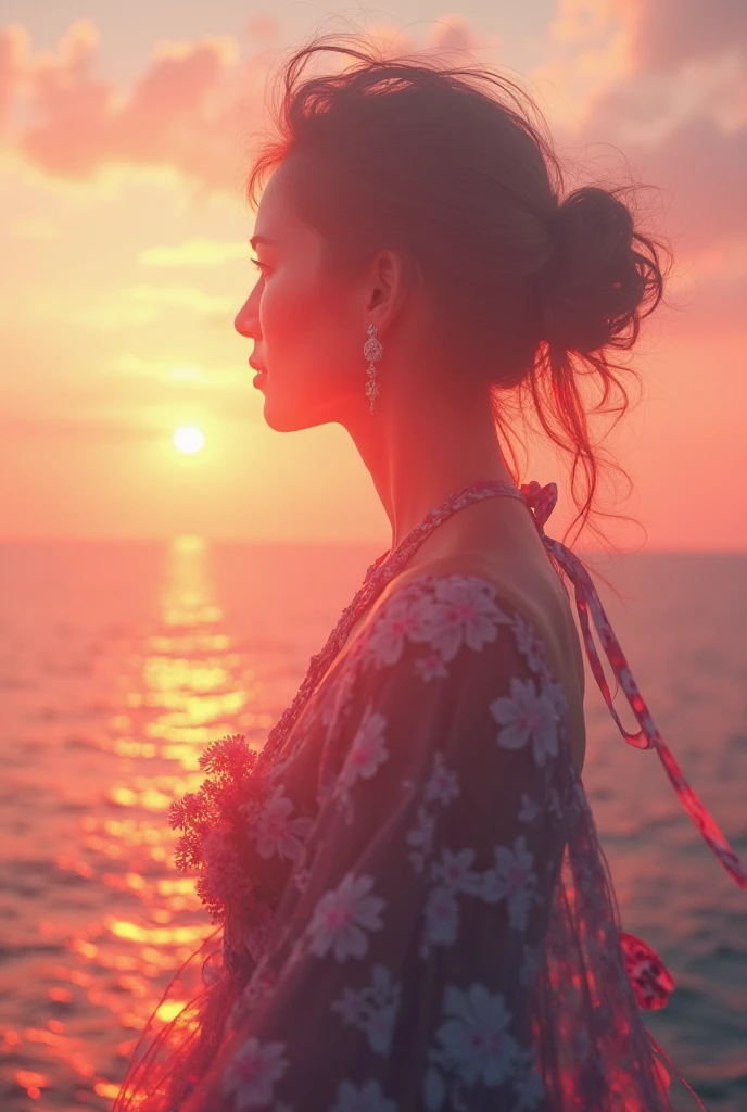 high quality,8k ultra high definition,美丽的Doubleexposure,Combining the silhouette of the goddess with the sunset coast, sunset coast should be used as the bottom background,Details are integrated into the silhouette of the goddess,Clear lines,The background is a monochromatic ,Focus sharp,Doubleexposure,Created by yukisakura,Gorgeous full color