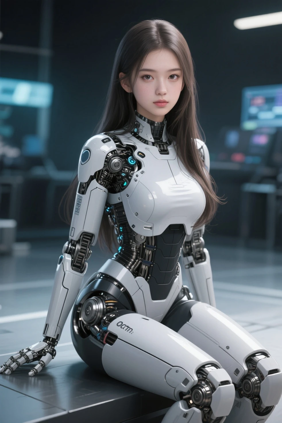 super exquisite beauty face, Mechanic body: 1.5, Background of the online world: 1.5, 19years old, 150mm, long hair, beautiful studio soft lighting , vivd details, Beautiful background, octane rendering , 8 thousand, best quality, masterpiece, Illustration , very firm and beautiful, extremely detailed, CG, unified , the wallpaper, (realistic, photo-realistic: 1.37), amazing, fine details, masterious, best quality, Official fine art, extremely detailed CG unified 8 thousand the wallpaper, , Full body, Full body shooting, Sat down