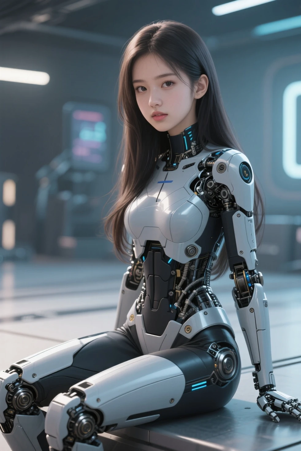 super exquisite beauty face, Mechanic body: 1.5, Background of the online world: 1.5, 19years old, 150mm, long hair, beautiful studio soft lighting , vivd details, Beautiful background, octane rendering , 8 thousand, best quality, masterpiece, Illustration , very firm and beautiful, extremely detailed, CG, unified , the wallpaper, (realistic, photo-realistic: 1.37), amazing, fine details, masterious, best quality, Official fine art, extremely detailed CG unified 8 thousand the wallpaper, , Full body, Full body shooting, Sat down