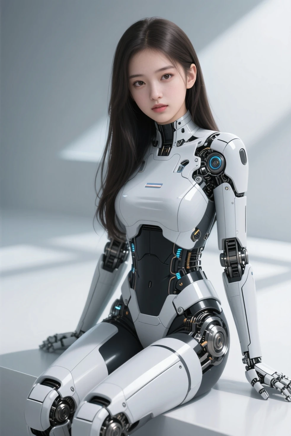super exquisite beauty face, Mechanic body: 1.5, Background of the online world: 1.5, 19years old, 150mm, long hair, beautiful studio soft lighting , vivd details, Beautiful background, octane rendering , 8 thousand, best quality, masterpiece, Illustration , very firm and beautiful, extremely detailed, CG, unified , the wallpaper, (realistic, photo-realistic: 1.37), amazing, fine details, masterious, best quality, Official fine art, extremely detailed CG unified 8 thousand the wallpaper, , Full body, Full body shooting, Sat down