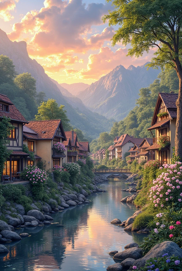 , a small riverside village,The background is mountains,Flowers bloom,vibrant with colors,Detailed scenery,Beautiful natural landscape,Ambiance Lighting,Scorching sunset,a warm color palette,utility,utility摄影,Delicate leaves,Complex architecture , cobblestone streets , charming country cottages , swirling bright colors, dense vegetation ,Still water reflections,picturesque,Leisure and tranquility,artwork of a,Best quality,8k,Extremely detailed,anime style