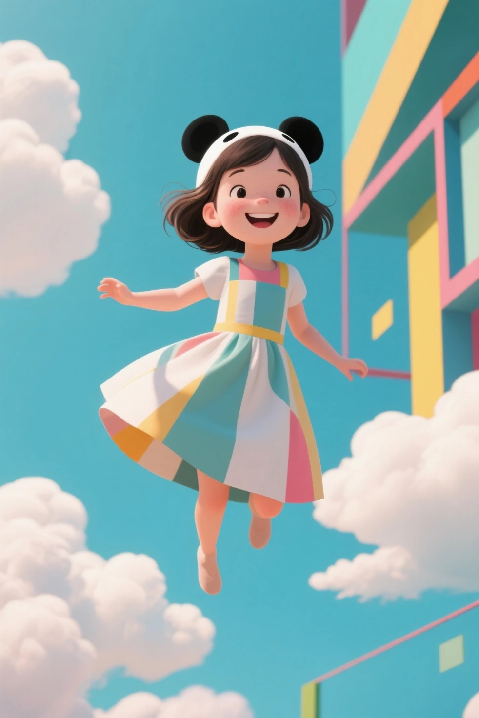 masterpiece, PremiumQuality, Stills, a girl, floats in the air, clouds女孩, clouds, (close-up: 1.1), bright, happy, stas, soft lighting, (bauhause, shape, ligne, Abstract: 1.1), Panda Ears