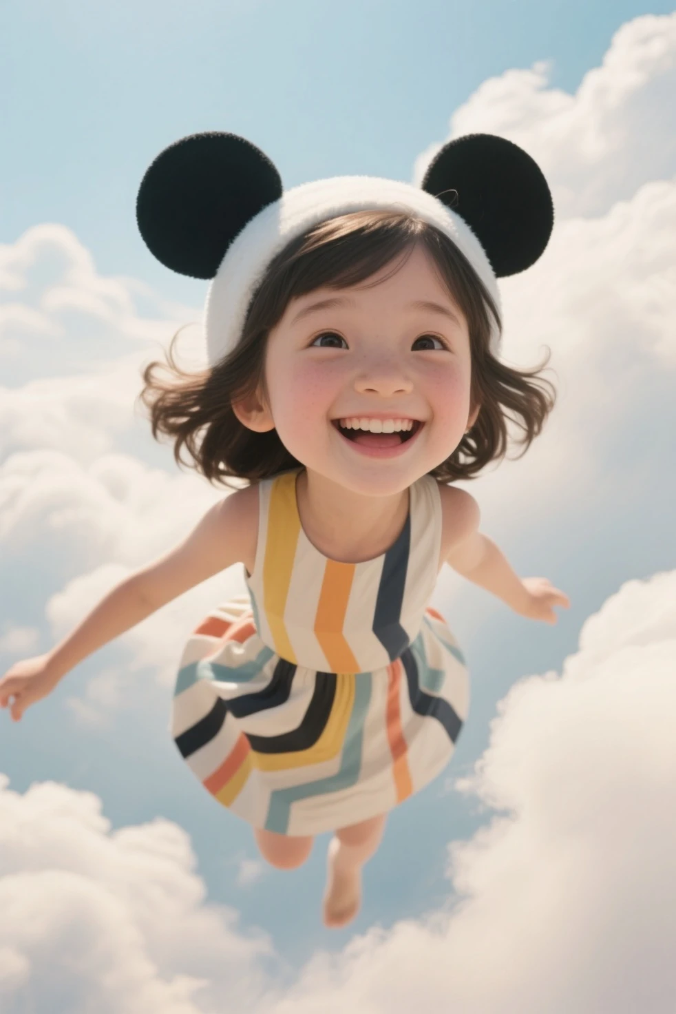 masterpiece, PremiumQuality, Stills, a girl, floats in the air, clouds女孩, clouds, (close-up: 1.1), bright, happy, stas, soft lighting, (bauhause, shape, ligne, Abstract: 1.1), Panda Ears