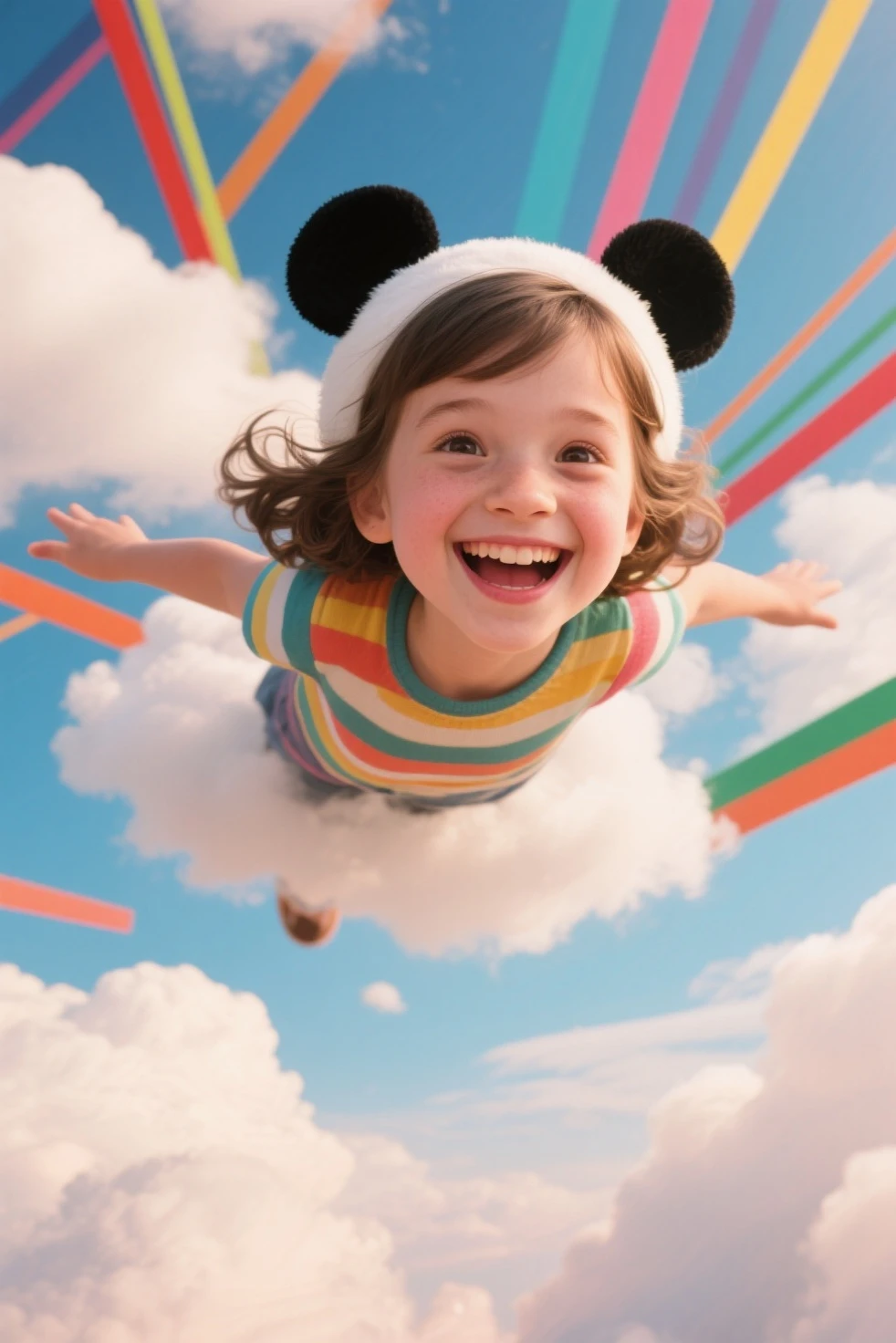 masterpiece, PremiumQuality, Stills, a girl, floats in the air, clouds女孩, clouds, (close-up: 1.1), bright, happy, stas, soft lighting, (bauhause, shape, ligne, Abstract: 1.1), Panda Ears