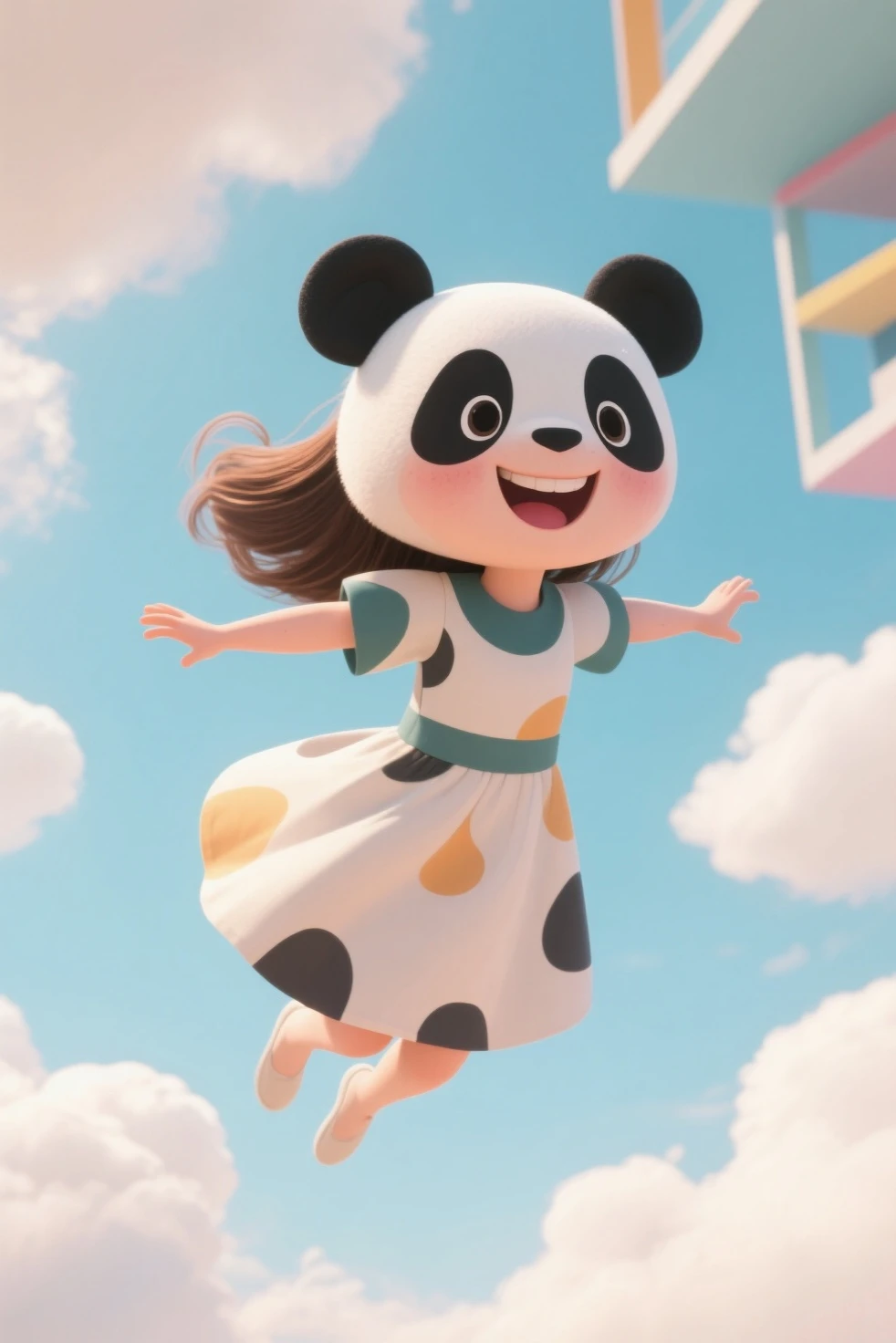 masterpiece, PremiumQuality, Stills, a girl, floats in the air, clouds女孩, clouds, (close-up: 1.1), bright, happy, stas, soft lighting, (bauhause, shape, ligne, Abstract: 1.1), Panda Ears