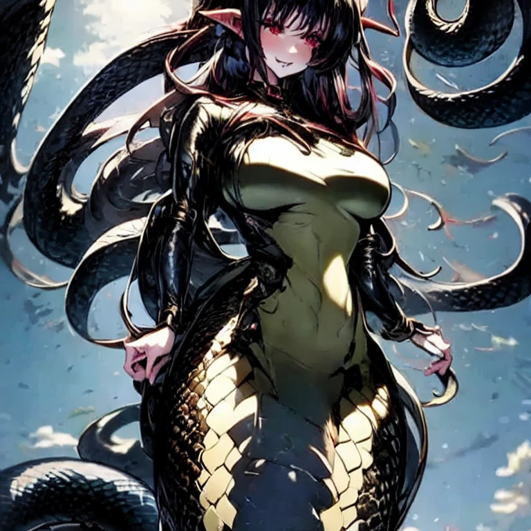 Anime girl in black dress sitting on bed and snake, Covered with tentacles, some tentacles are touching her, Fine details. anime big breast. tentacle beast, tentacles around, Bikini. background of hell. gore, Wrapped in black tentacles, huge tentacles, big tentacle sneak around, Anime monster girl