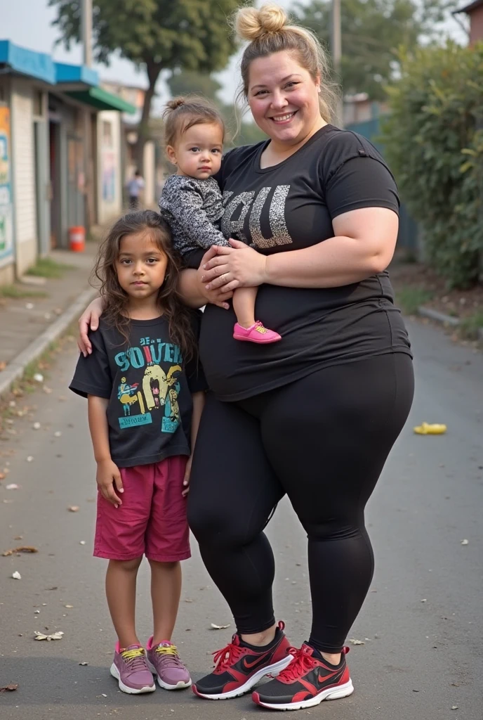 Create an image of a lady, aged 70, gorda, black and old, wearing a white blouse and a black skirt carrying her legs, on your shoulder, an adult woman, 30 years old with white skin and long blond hair who is wearing denim shorts and a purple top and is lying on her stomach 