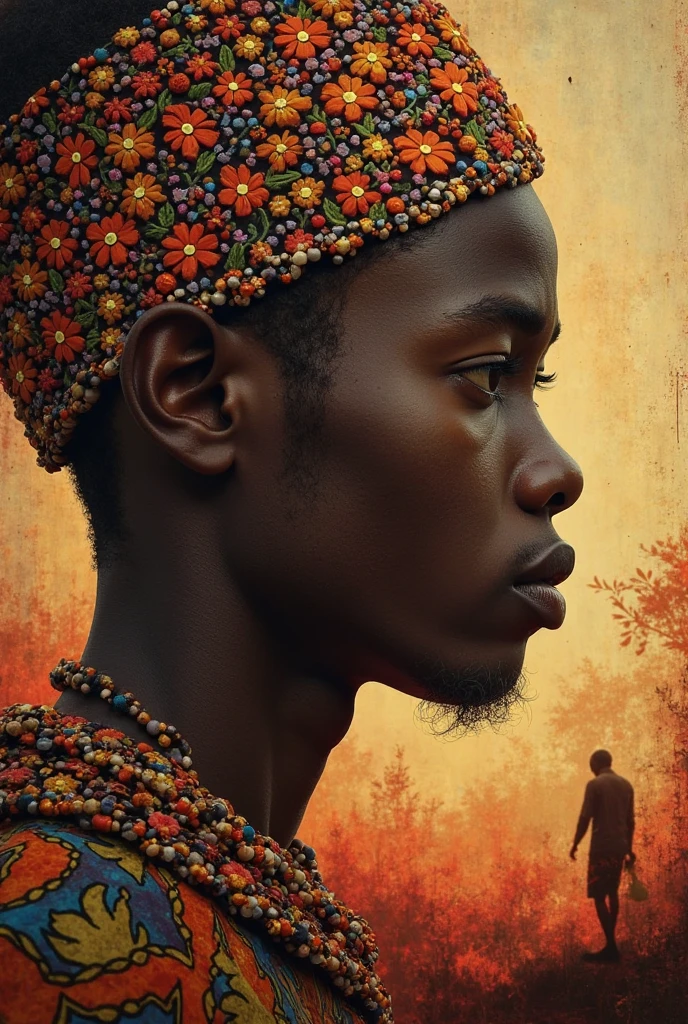 ogun , the african orisha, god of war, yoruba, yoruba deity, boy's look, serious boy, sensitive, light smile, beautiful, props in red and green tones, wearing a detailed and intricate ade, cosmic god, cosmic forest, astrophotography