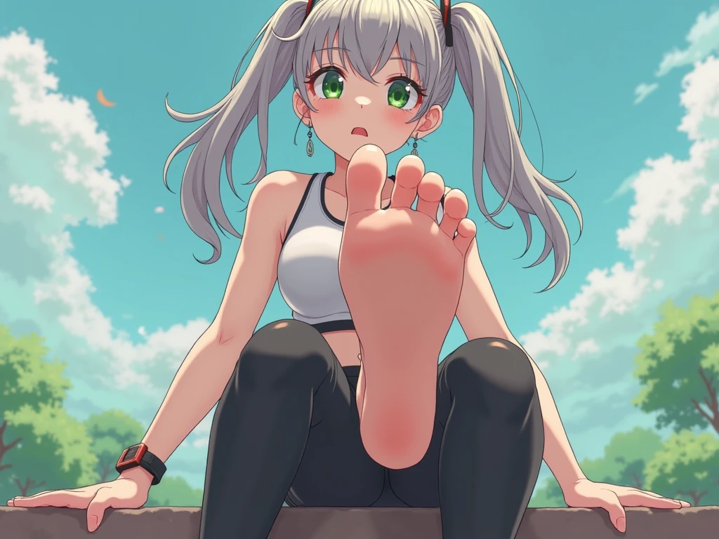 Pretty asian woman, bright silver hair, long hair, green eyes, busty, sweat pants and a white t shirt, cute, anime style, sitting on the ground, feet behind her head, feet up in the air