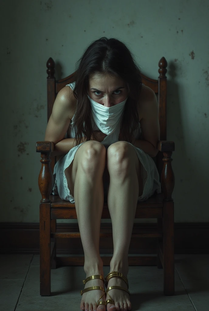 A kidnapped girl in an abandoned house, her hands and legs tied, and there is tape over her mouth so that she cannot speak. Her face shows signs of fear and sadness.