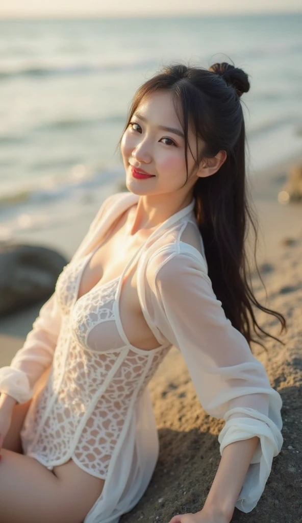 detailed body, attractive body, perfect human body, realistic face,
(ultimate quality, masterpiece, highres:1.0), realistic:1.6, photorealistic,
[8k UHD photos, UHD high quality photos, Super detailed and super clear images],
Close-up of a Vietnamese girl with a beautiful face and balanced body, leggy, round face, big round eyes, Charming smile, Red lips, long curly eyelashes, big dimples, pointed chin, plump face, Her face resembles Tuyet Linh, Tall and plump figure, lace bra inside, lace panty inside,
wearing a bright and shiny white silk ao dai with embroidered flowers, sitting and playing with the sand and ocean waves, pose sexy,
Silk ao dai,