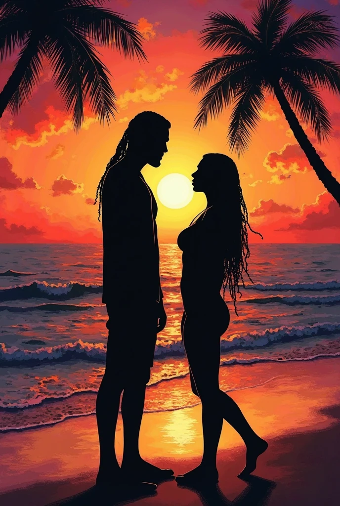 Black shadow of a girl flirting with a man on a beach in Vice City GTA, deep yellow sky