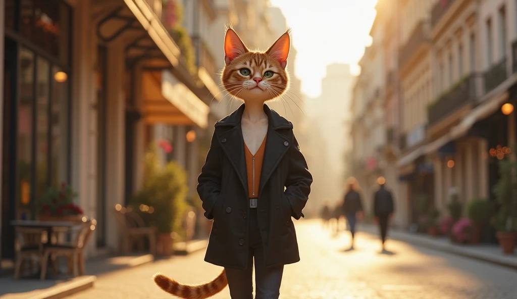 cat with furry features, short ginger hair, ((((mouth with hairballs))), her coat is predominantly ginger with yellow stripes, (((blue eye color))), her body is humanized, wearing a cropped top black, no pants, showing a sensual and thirsty expression, crouched with his back on top of a wall, night city in the background, furry style, 3d style, disney style, (((focused face)))