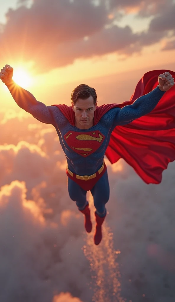 Superman flying in a heroic pose, with his cape billowing behind him, his suit with colors should have bright and contrasting colors and a halo of golden light behind him