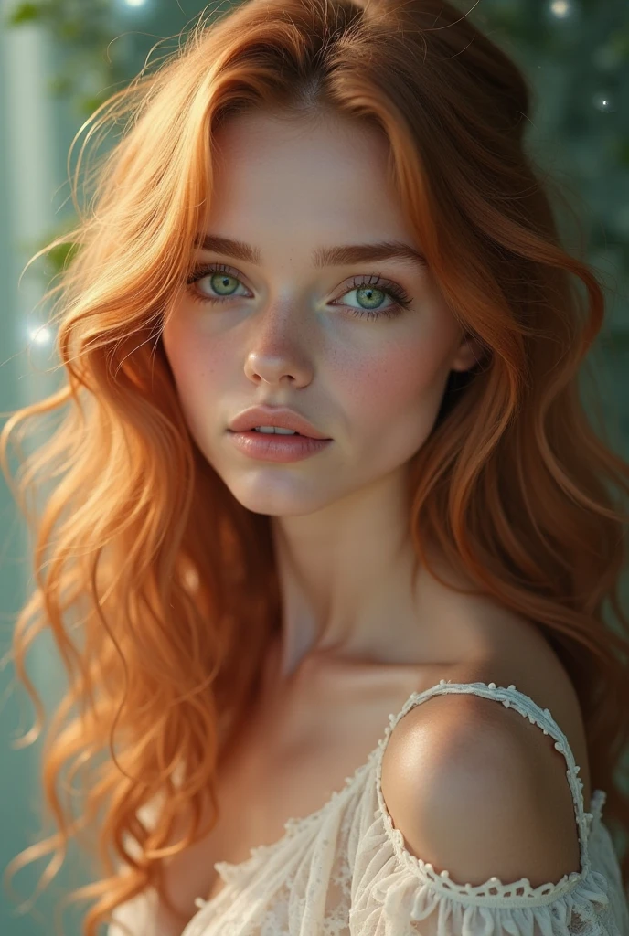 30 years old woman with freckles and golden skin. Green eyes, curly hair and lace dress