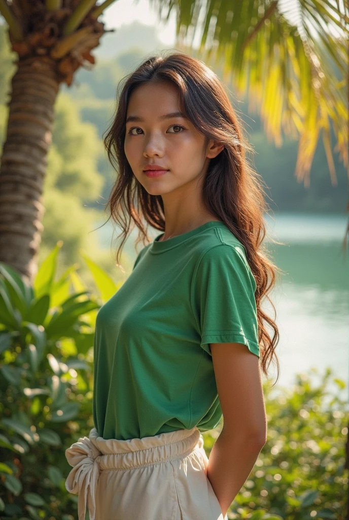 Real Pinay women beautiful semi chubby with short croptop outfit green walking in forest