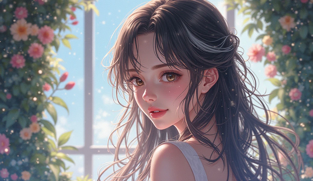 (best quality,8k,hyperrealistic,masterpiece:1.3),(detailed portrait:1.2),beautiful curly hair,wide hips,woman wearing shirt,woman wearing jeans,urban park,detailed facial features,realistic skin texture,intricate clothing folds,lush foliage,warm lighting,cinematic composition,atmospheric depth of field