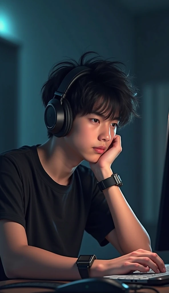 A boy studying in his room while listening to music with headphones。Warm lighting。Outside the room is Tokyo at night。profile。Eyes open。