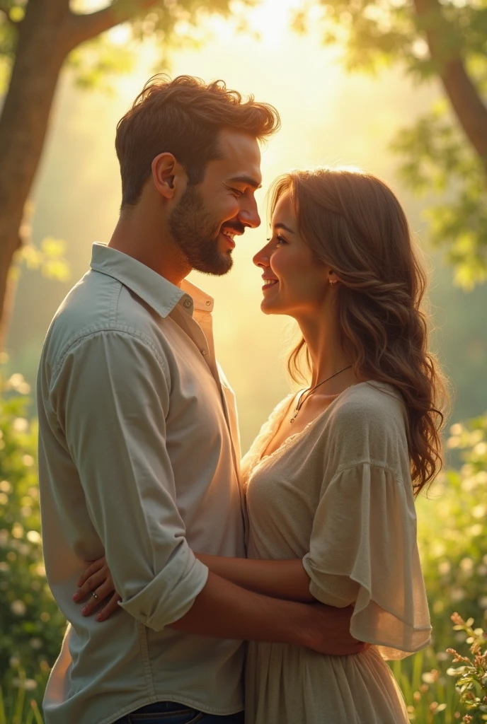Please output a happy couple looking at each other. Please make it look like a photo. 1080px x 1920px