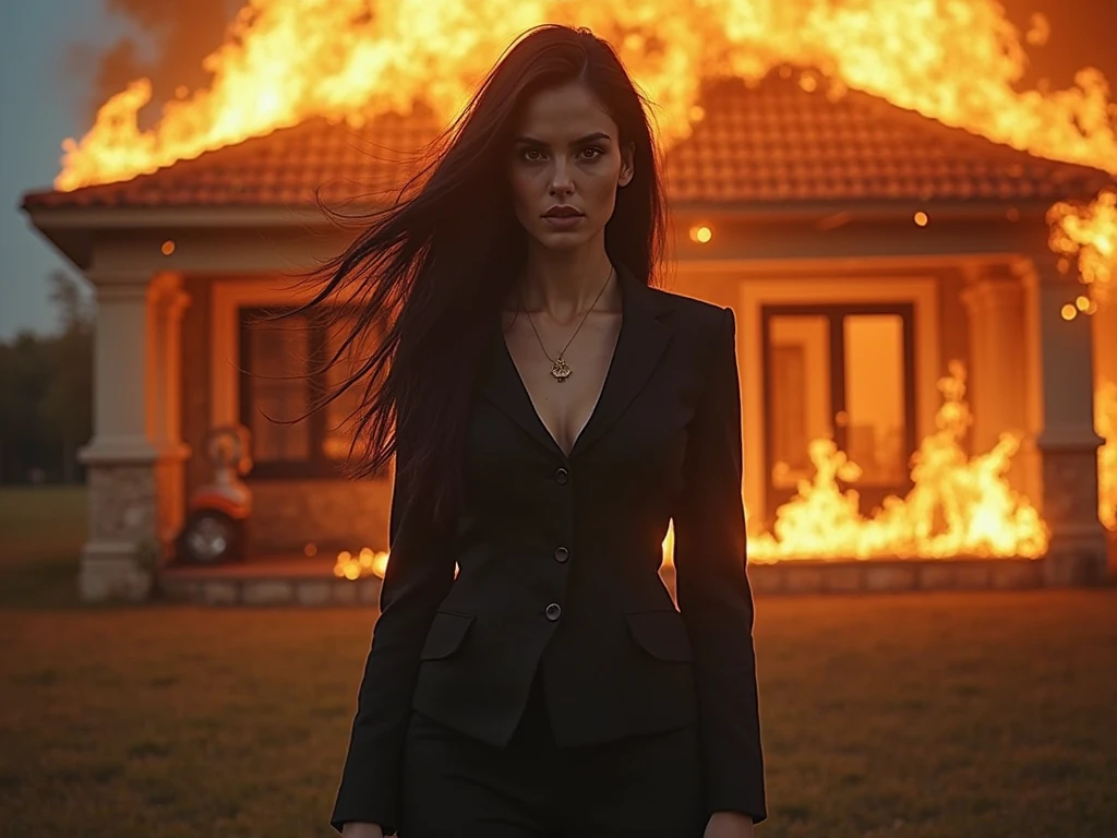 American flag background with fire and smoke and Gina Carano standing tall in a red dress