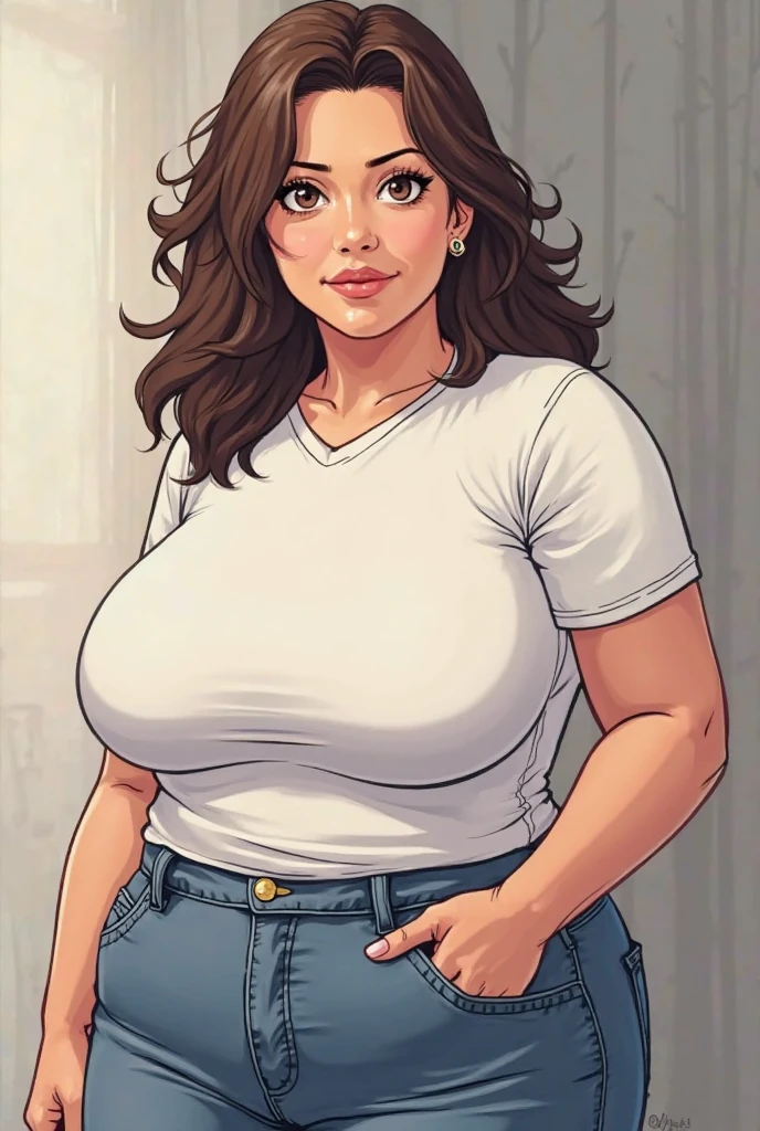 Gorgeous and sultry busty athletic (happy) brunette with sharp facial features, big breasts and a (large nose) wearing a tight grey short sleeve top and jean shorts