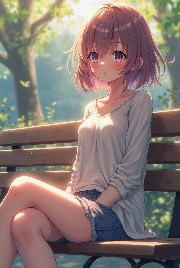 top-quality、Full limbs、complete fingers、Slender beauty、Women with straight hair、(woman with pink hair)、Women with medium hair、(Beautiful busty woman:1.3)、gray hair hoodie、Denim miniskirt、Black High Socks、Naughty Poses、a park、sit on a bench、A big smile