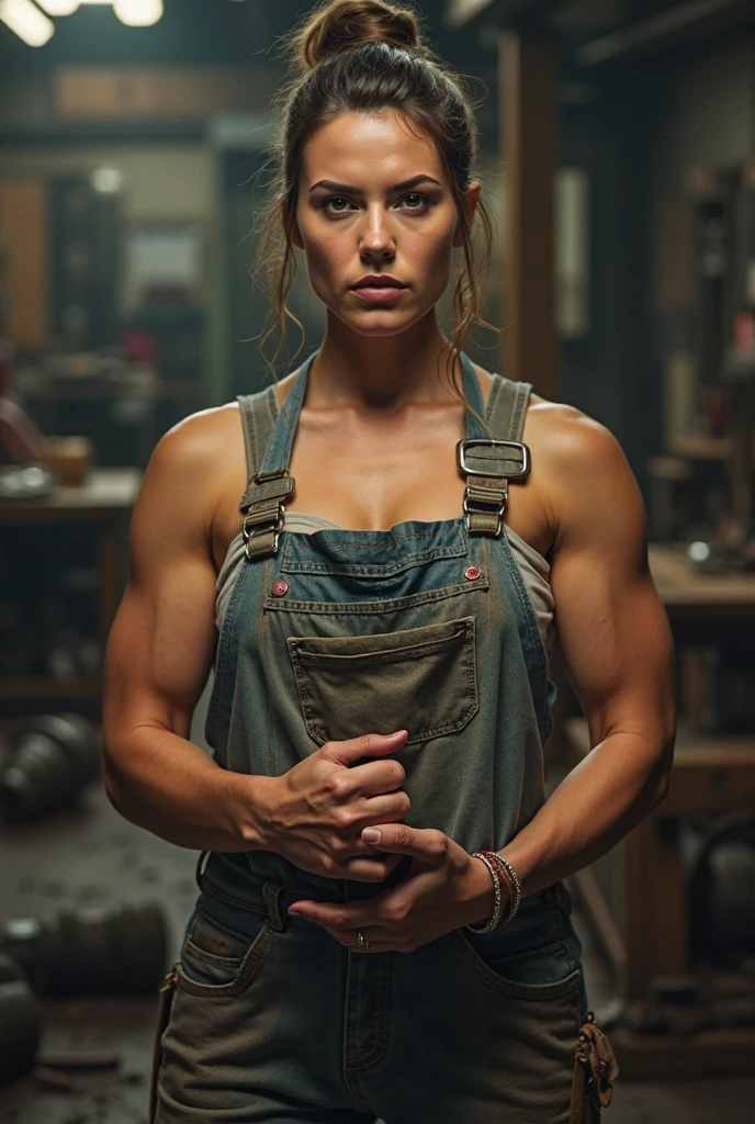 Sarah Connor,realistic,beautiful detailed face,long brown hair,serious expression,intense gaze,strong-willed,strong and determined,brave woman,(holding a shotgun,battle-ready,fierce warrior,post-apocalyptic setting,dystopian future,survival fight,industrial environment,ruins and debris,worn-out clothes,dirty and sweaty,smoke and dust,gritty and realistic),gritty color palette,dark and desaturated colors,low-key lighting,dramatic shadows and highlights,film noir style,vivid eyes,voluminous hair,facial expressions clearly visible,(wrinkles and scars,muscular build,strong jawline,resolute lips,heroine,captivating presence),mystery and danger,hope and resilience,iconic character. (best quality,ultra-detailed,highres,masterpiece:1.2),HDR,ultra-fine painting,physically-based rendering,professional,bokeh.