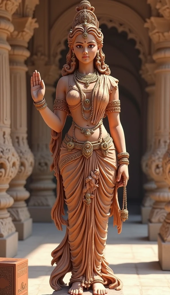 (photorealism:1.2), An artistic depiction of Yakshini statues from the Mathura region, showcasing multiple Yakshinis standing gracefully on a lotus pedestal. The statues are adorned with elaborate jewelry and clothing, with expressive facial features and delicate hand gestures. The background shows the red sandstone typical of Mathura’s ancient sculptures
