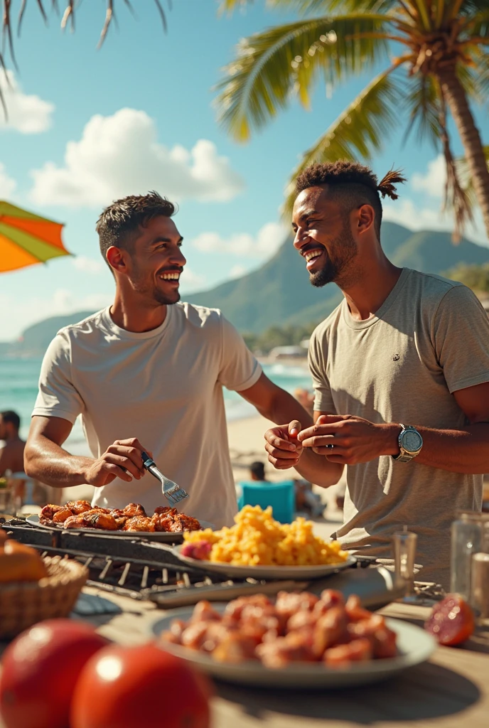crowd of black family barbecue fathers men laughing drinking beach setting middle age and young