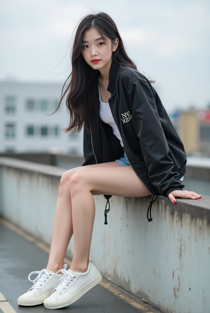 ((Best picture quality, 8K, tmasterpiece:1.3)), 1girll, Casual hairstyle, （off-shoulder blouse，Short pleated skirt：1.3）,（wet see through clothes：1.4），Ultra-fine face, A detailed eye, 二重まぶた，（long leges：1.4），（athletic sneakers：1.3）Erlang legs，Sit sideways on a high platform