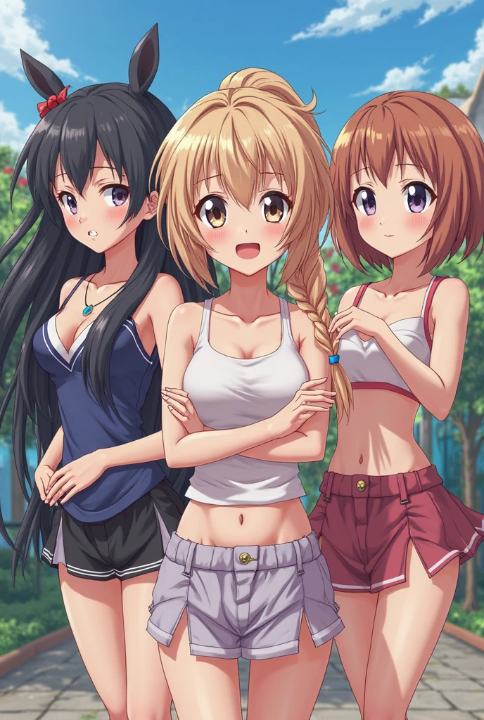 ((masterpiece, best quality, ultra quality, high quality, hyper detailed, intricate detailed, perfect anatomy, shiny skin, cowboy shot,)), (3 women:1.5), cute women are posing for a camera, (At a Japanese hot spring), (Lifting SHIRT:1.3), (Laughing with your mouth open:1.3), Ray Tracing, ((tits)), (Small nipples), nipples, breasts, hair band, Headband, hair bobbles, blouse, shirt, (Stand in line), 12 Talents、13 Talents、14 Talents、15 years old、brown hair, blond hair, navel, jewelry, looking at viewer, necklace, long hair, short hair, (Abdominal muscles),(Depth of written boundary), panties,