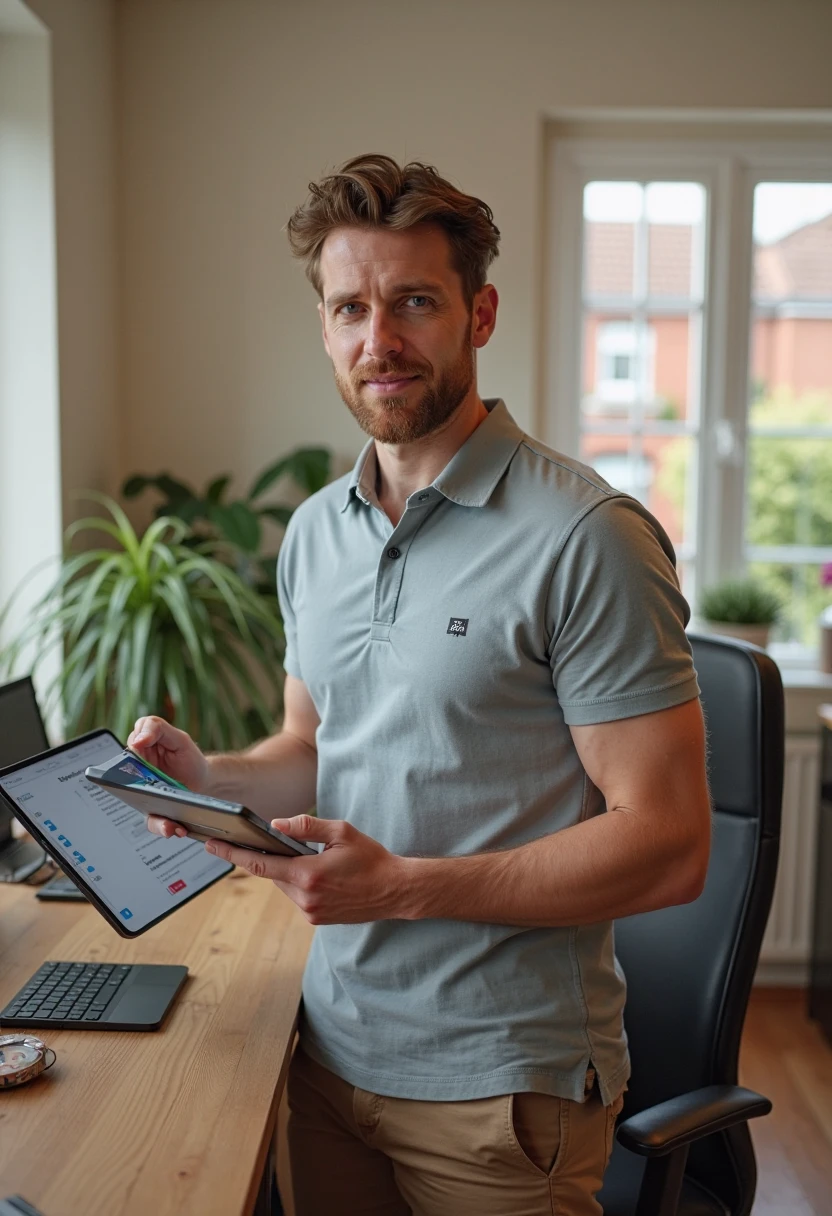 man,Belarus,35 years,trader,fair-haired,model hairstyle , athletic build,sitting in the office against the background of charts ,Thick ,short beard,business style,clothing casualrealism,epic realism,A living person,