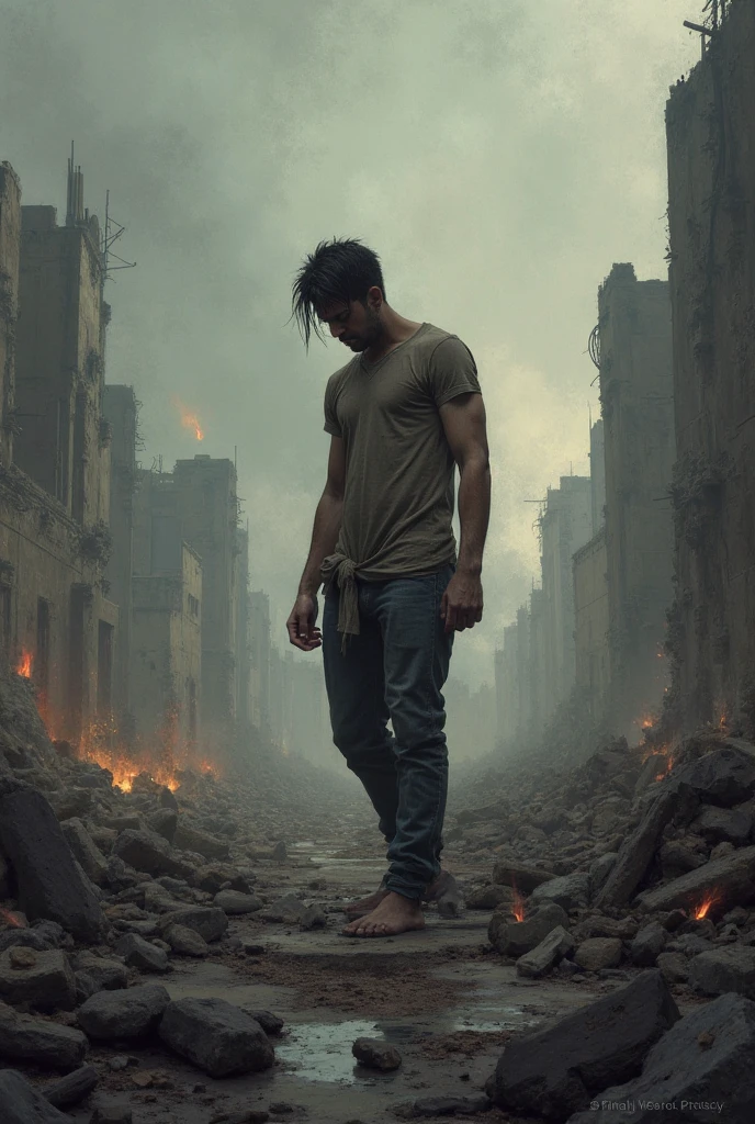 Ultra-realistic depiction of a man sitting with sorrow, agony, ((dried tears drops)), with cap, dusty face and cloth,(( a destructed city in background, fire, ((human corpse on ground)), some people are crying, destroyed building)), a butterfly sits on her forefinger, (((she is looking at the butterfly and a little bit smile))), hyper detailed, dynamic color, black and gray shade, super emotional picture, set against a hauntingly dark backdrop and surrounded by swirling dark smoke. The image should be in a captivating 3:4 format."