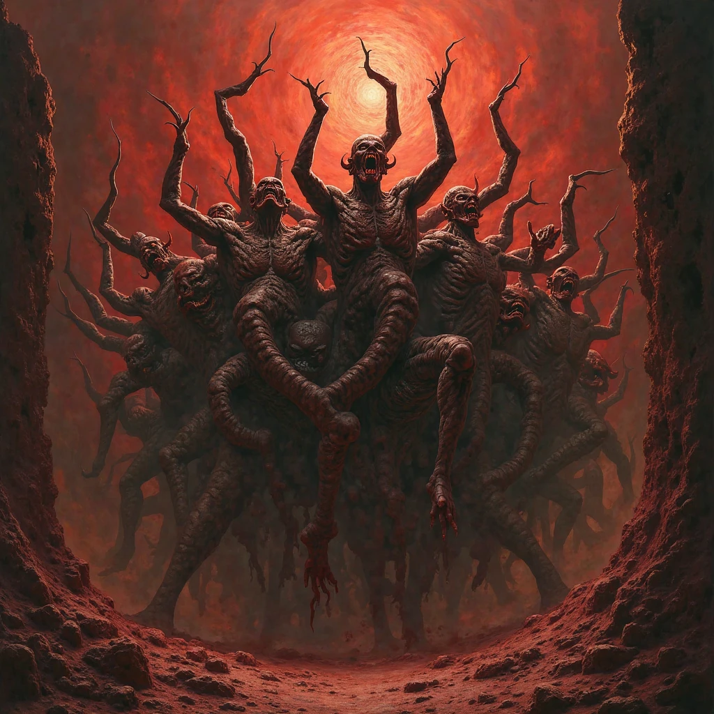 a painting by Dante showing (((psychogenic creature emerging from an abyss))), flames scorching the earth, stormy sky, mountains desert background, despair, fear, 4k, extreme details, intricate details, (highest quality, HD, ultra hd)
