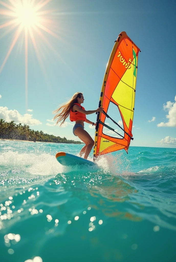 Blue ocean, white beach, many woman in swimsuit, back view, windsurfing,windsurf