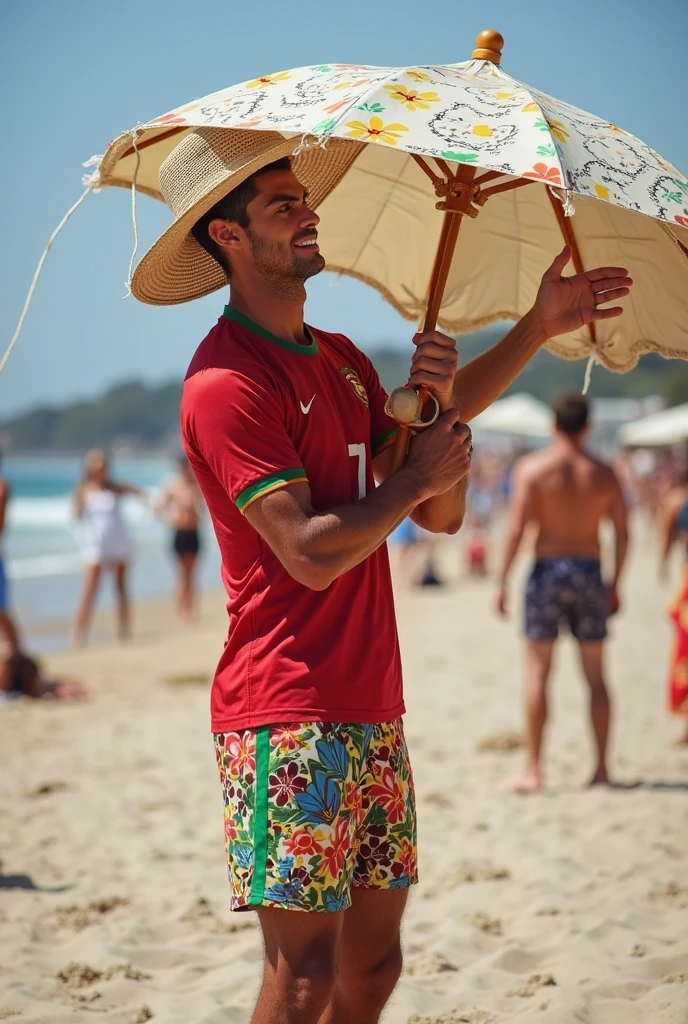 A handsome 27-year-old tall white young man in a men's fashion show on the beach shore wearing a green, yellow and blue Brazilian swimsuit with a beach ball in his hand. Many people applaud him and bubbles are around him. Tight boxer shorts in the colors of the Brazilian flag. Unshaved, white, tall with black hair flaquito