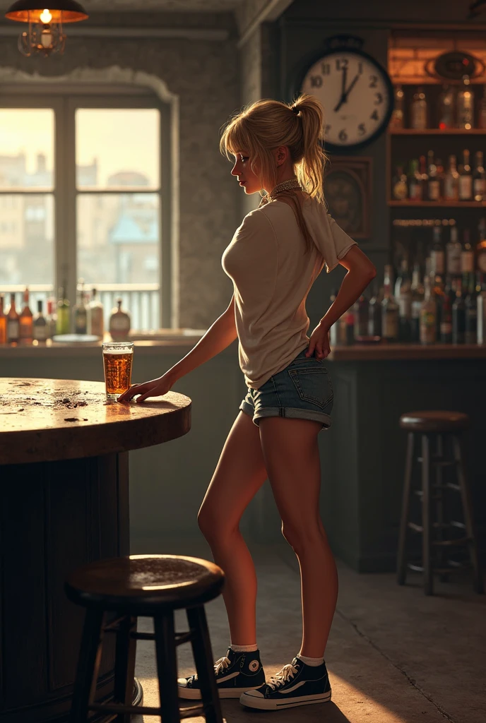 Naked women with 97cm breasts in a nudist bar dressed as sluts , low light, realistic photo, a wolf in the background in the dark