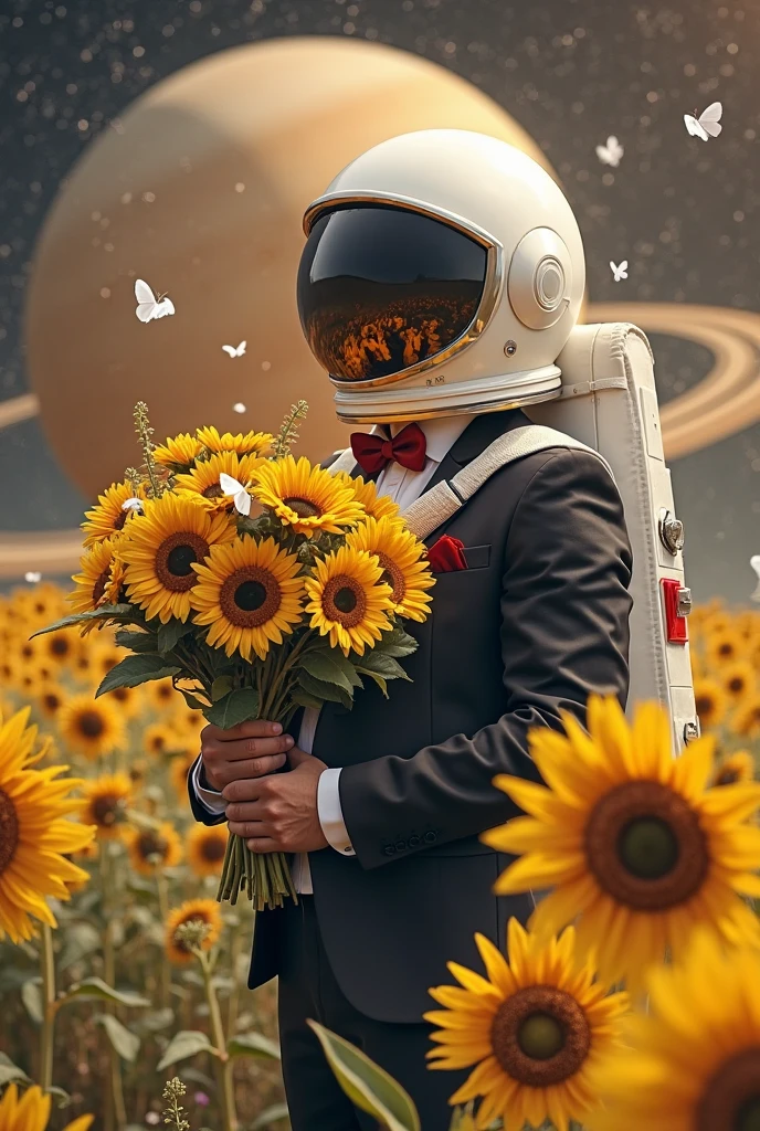 stunning photorealistic of an astronaut holding a sunflower, dark theme, dark scene, dark atmosphere, masterpiece, high detail, best quality, raw photo, (photorealistic:1.4), (hdr:1.4)