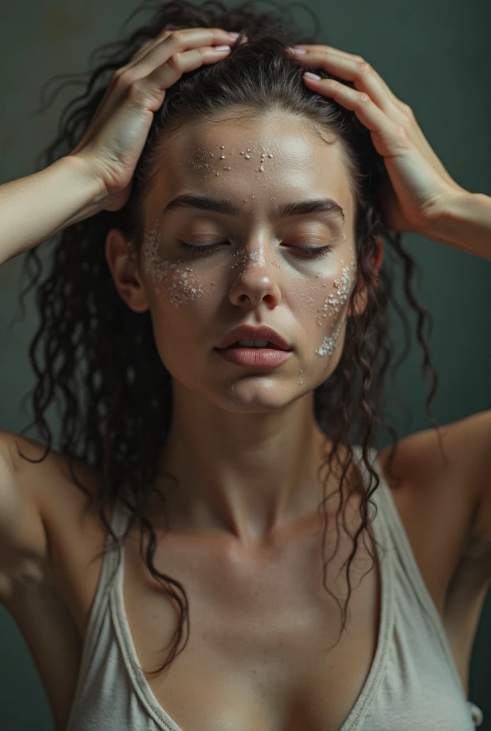 Taylor Hill、High resolution realistic photos,8k,Realistic skin texture,Beautiful Japan actress,1 girl,Tabletop,,Awards - Winning Photos, Very detailed, close your eyes, Nose and mouth,Face Focus, Extreme close up of face、Woman with open mouth and close your eyes, Black camisole、20-year-old,Black-haired、Symmetrical face,Realistic nostrils、Angle from below、Elongated C-shaped nostrils,((Gray background))、Sweaty skin、Lighting that highlights glowing skin caused by sweat、((Sharp Nose))Skin shiny with sweat、Glowing Skin、Sweaty hair、sunlight、(Brow wrinkles)((Frowning))、((Thin eyebrows))((Oily skin、Glowing Skin))、double eyelid、Tied Hair、updo、Lift your head((Super wet skin))(((Profile with a wide nasal septum,nasal septum,profile)))profile((thick lips,high detailed face,real skin,pores))