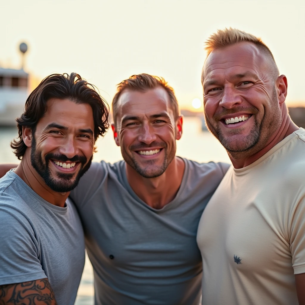 Foto RAW de corpo inteiro, Large group of muscular men over the age of 45 wearing a dirty white athletic support and worn with bulge, hugging each other, rosto florido (parede suja no fundo), (pele altamente detalhada: 1.2), 8k UHD, DSLR, soft-lighting, alta qualidade, film granulation, Fujifilm XT3, corpo inteiro, vista do solo