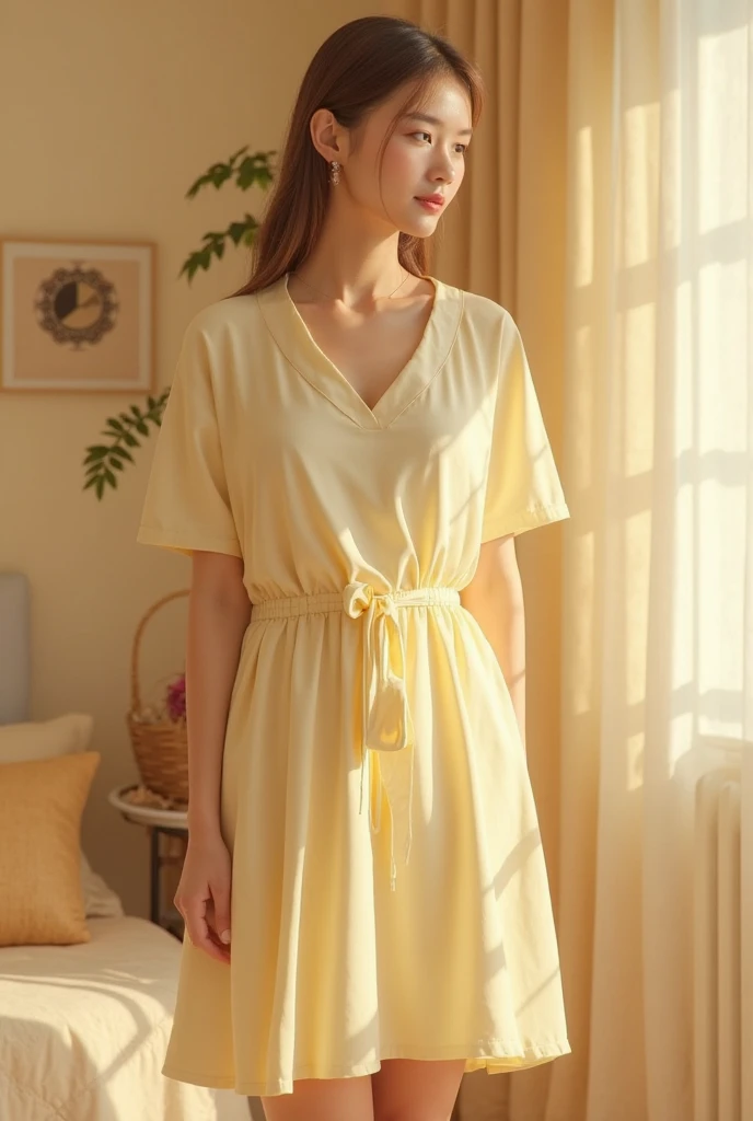 yellow pajamas、posing to unclothes、a bed、a smile、shortsleeves、high-level image quality, incredibly absurd, beautiful and cute 20-year-old Korean girl with a photorealistic face, showcasing top-quality craftsmanship. Her slender frame is adorned with short, messy hair. The artwork is high-resolution, allowing for ultra-detailed features to be captured flawlessly. The girl is depicted ????? with white fluids all over her. The focus lies on the realistic pupils, showcasing depth and emotion.