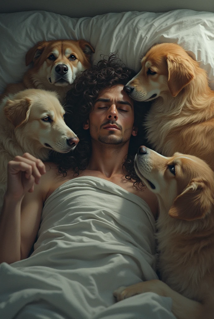 Beautiful male long curly hair in bed satin sheets two puppies plants