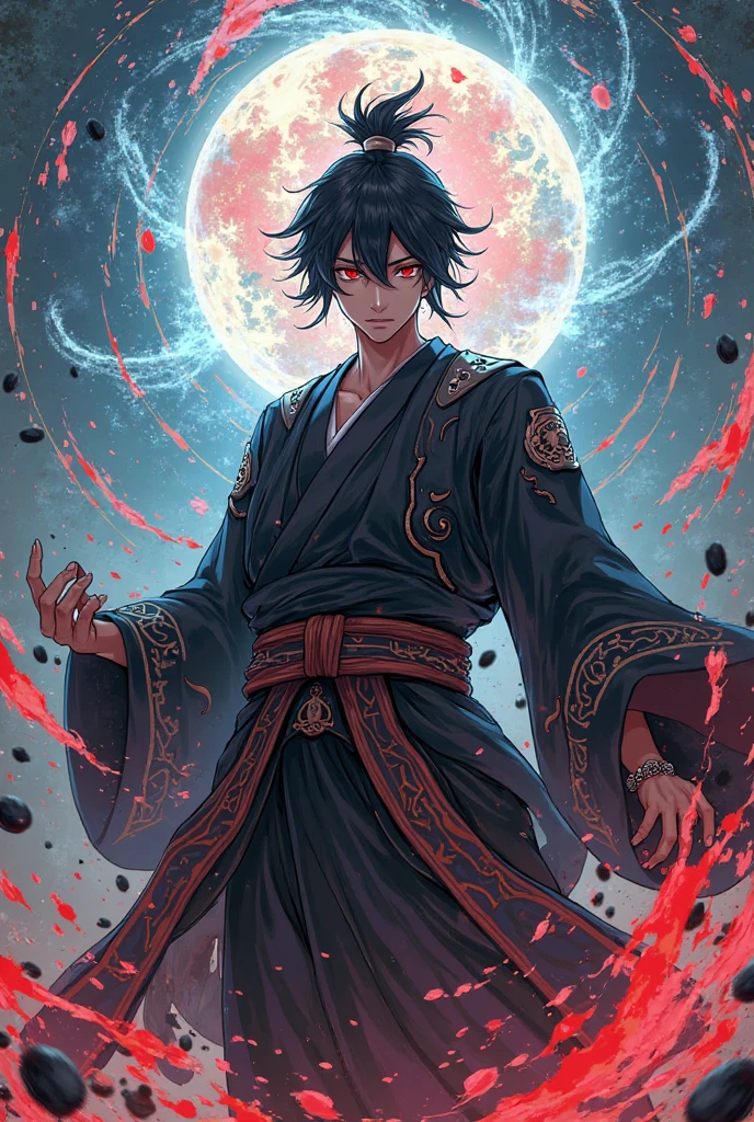 ((Masterpiece, best quality:1.2)),Anime boy,wearing ninja outfit, surrounded by chains,spiky blue and black hair, heterochromia, surrounded by Ninja's,holding a chain and sickle, surrounded by mist,ninja village, night, natural Moon light,highest quality digital art, Stunning art, wallpaper 4k,8k,64k, HD, unparalleled masterpiece, dynamic lighting, cinematic, epic