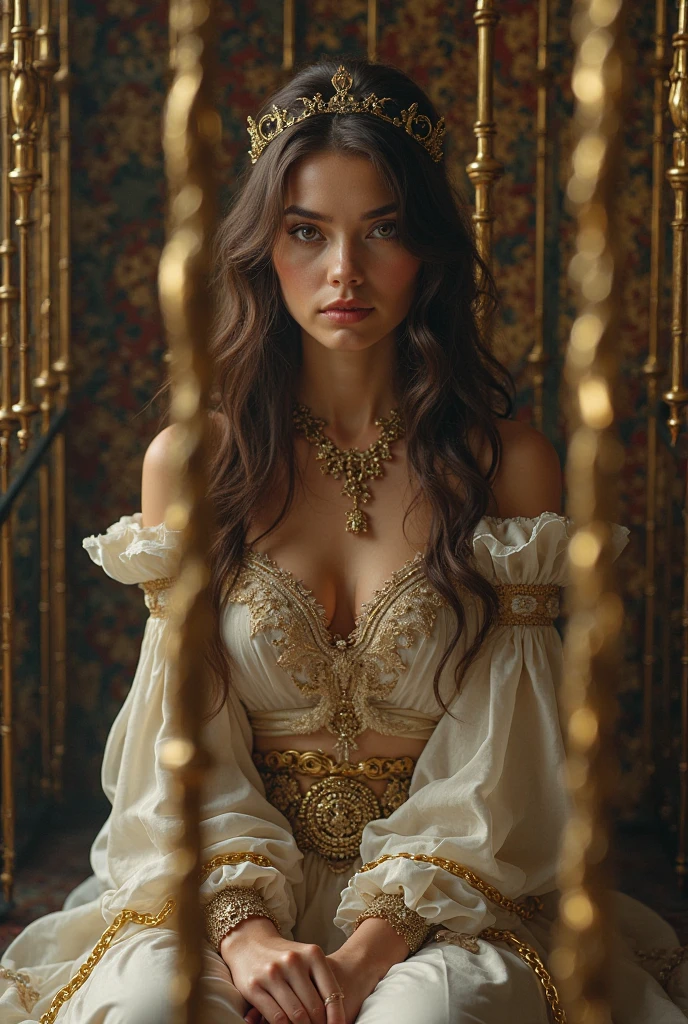 A beautiful, white-skinned girl, , with sharp, slender forehead, like a Persian. Big eyes, a high nose, dark eyebrows, black hair in a bun, a gold-colored forehead protector with a pattern. Broad shoulders, taut chest, thin waist, broad hips, wearing metal armor, tinting, carved with beautiful patterns.