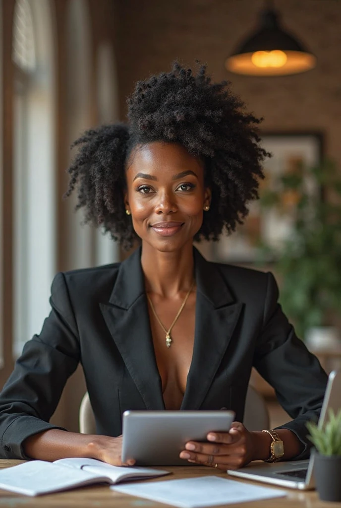Realistic photo of a successful black entrepreneur mother in digital marketing