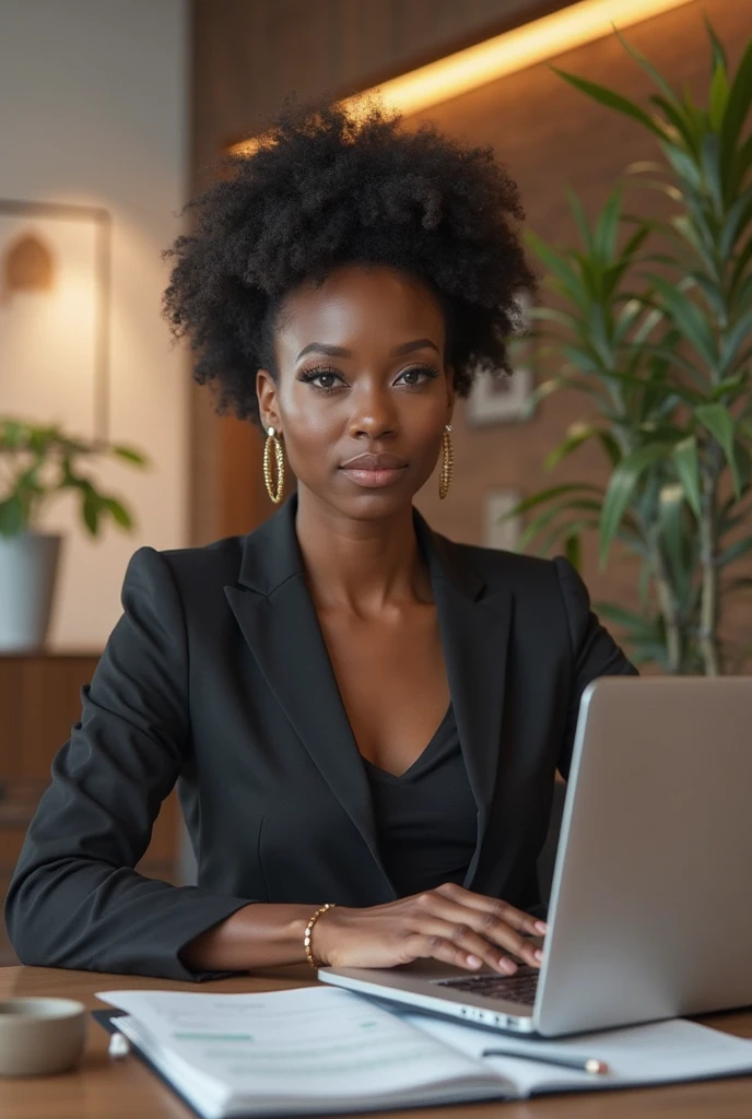 A Beautiful African lady wearing suit sitting in the studio looking straight to the camera with laptop in front of her