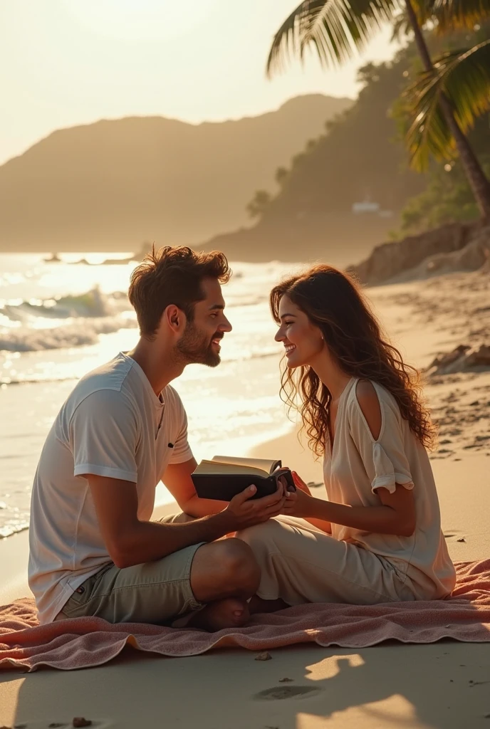 Beautiful couple on the beach, with books and drinks 
