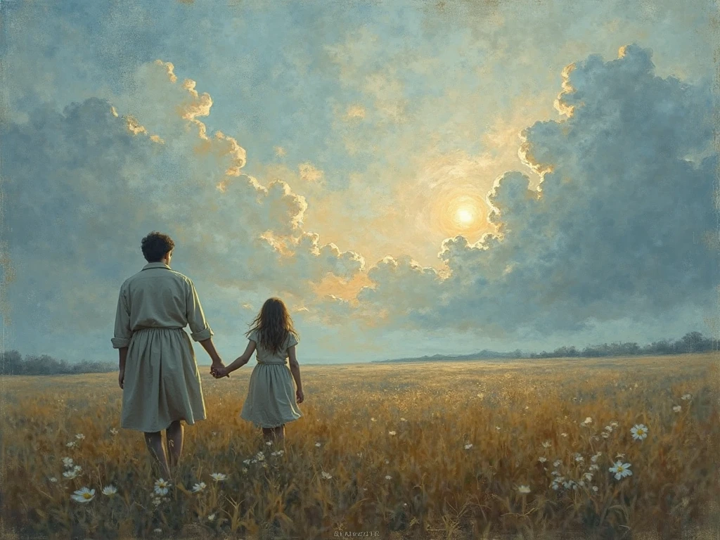 Create a serene and heavenly scene with a figure resembling Jesus, wearing a white robe, gently embracing a young girl also dressed in a white dress. They are standing in a vast field of white flowers under a bright, glowing sky with soft, ethereal clouds. The atmosphere should be peaceful and filled with light, with a divine, warm aura surrounding the figures. The background should feature distant mountains, adding to the serene landscape. Use an impressionistic style with soft, brush-like textures to convey a sense of tranquility and spiritual comfort.